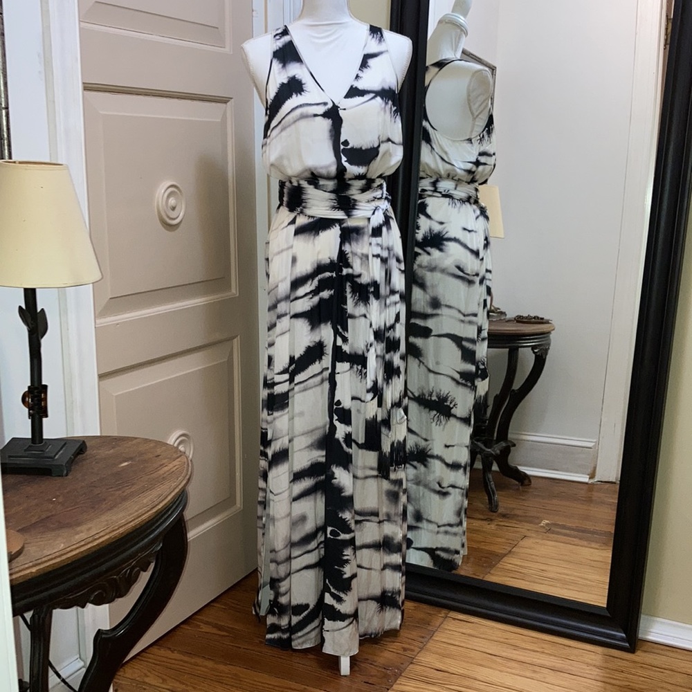 CALYPSO st Barths sz S/M tie-dye silky black/white maxi dress with Fringe belt